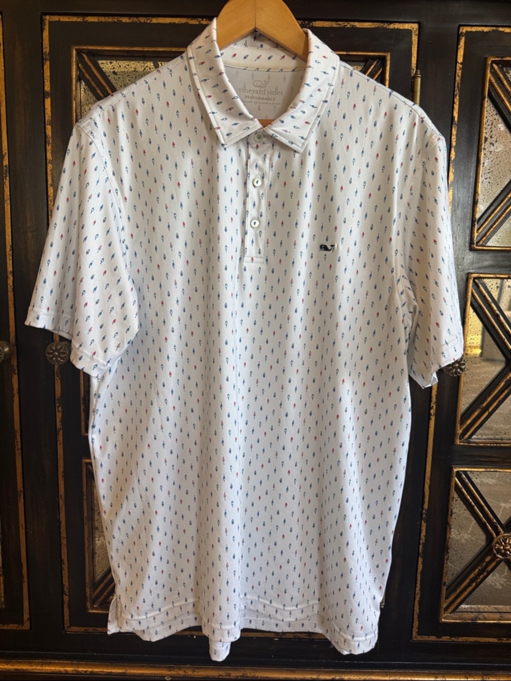 Vineyard Vines White Polo with Tiny Multicolor Fishing Lure